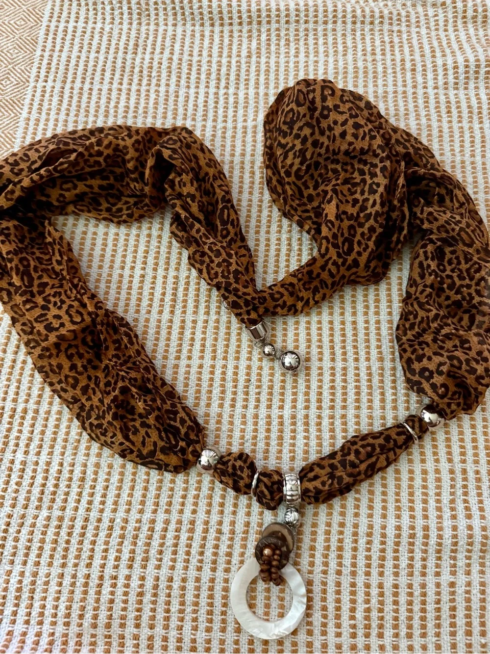 Leopard Print Scarf Necklace with Shell Pendant